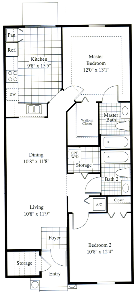 Floor plan for 2 beds, 2 baths, 1050 sqft